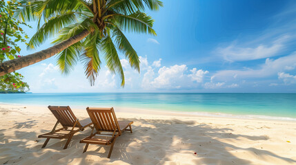 Beautiful summer beach landscape with beach chairs on the sand at the sea and cloudy summer sky.