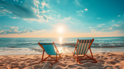Beautiful summer beach landscape with beach chairs on the sand at the sea and cloudy summer sky.