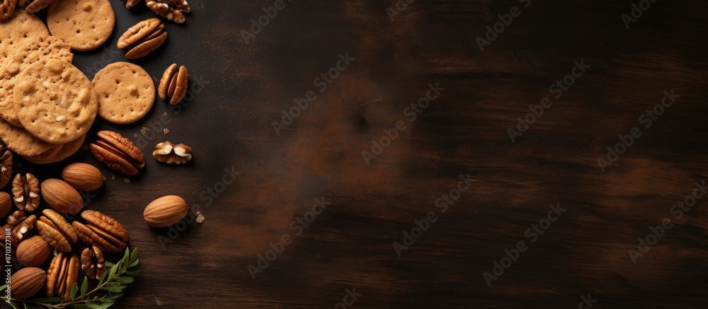 Poster top-down view of a classic walnut cracker and walnuts on a textured dark background with ample space