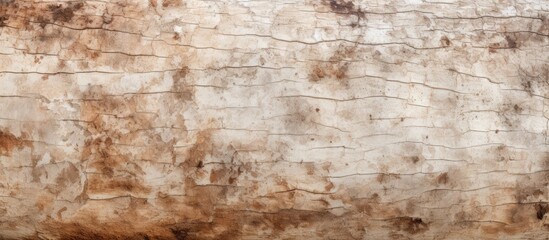 Horizontal photo of a tree bark texture with relief wooden pattern, old tree skin showing brown bark with white fungal mold spots, and available empty copy space image.