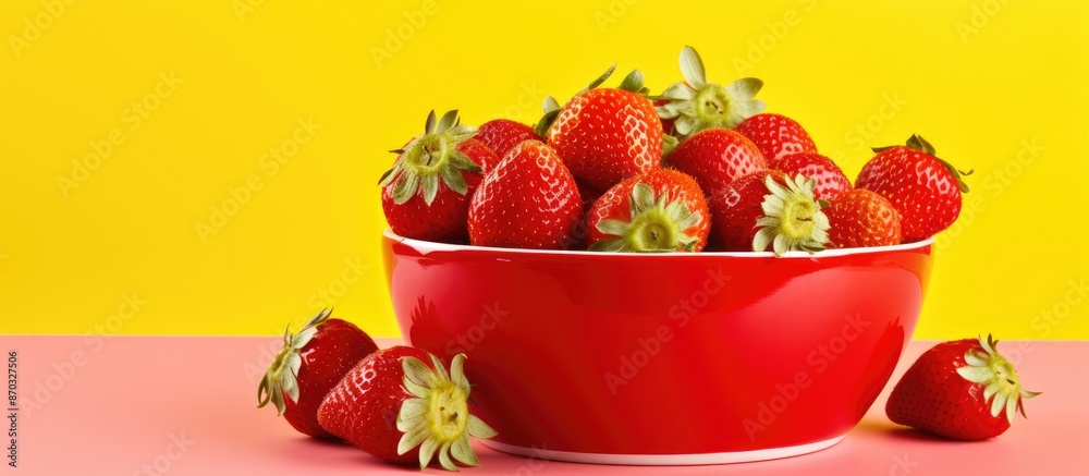 Poster a bowl filled with ripe red strawberries, set against a bright yellow background, creating a mouthwa