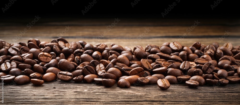 Poster Coffee beans set on a rustic wooden table with an inviting copy space image.