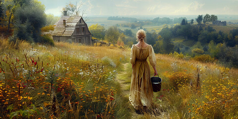 Retro style painting with traditional milkmaid carrying a bucket of fresh milk from the barn to the farmhouse, on scenic rural landscape.