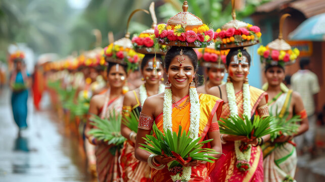 Group of smiling indian women wearing traditional clothing holding baskets of flowers and palm leaves while participating in a religious procession in india