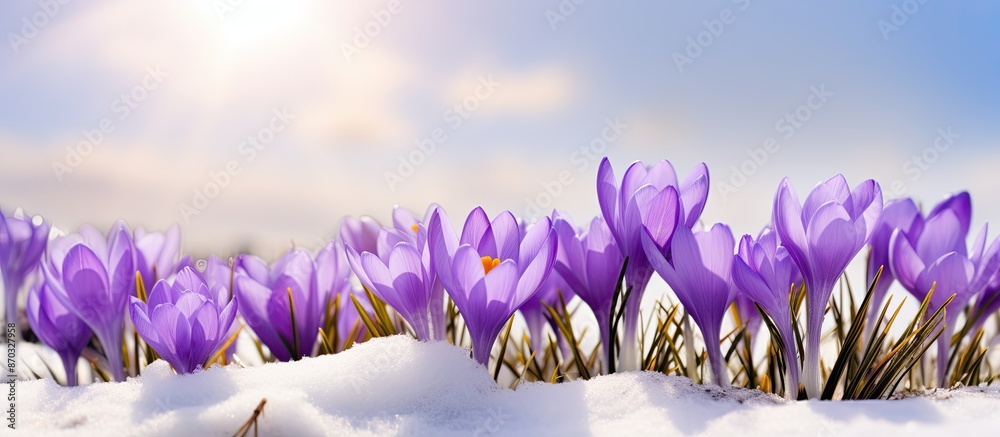 Aufkleber Bright violet spring crocus flowers blooming with copy space image of snow in the background.