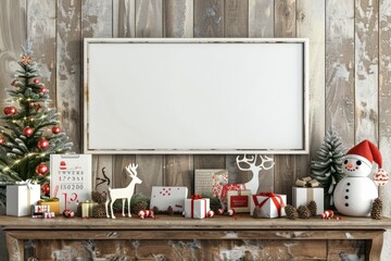 Christmas Decorations and a Blank Canvas on a Rustic Wooden Shelf