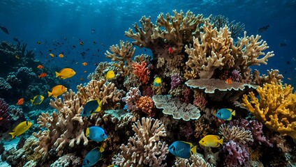 Obraz premium A vibrant coral reef bustling with life beneath crystal-clear waters ai_generated