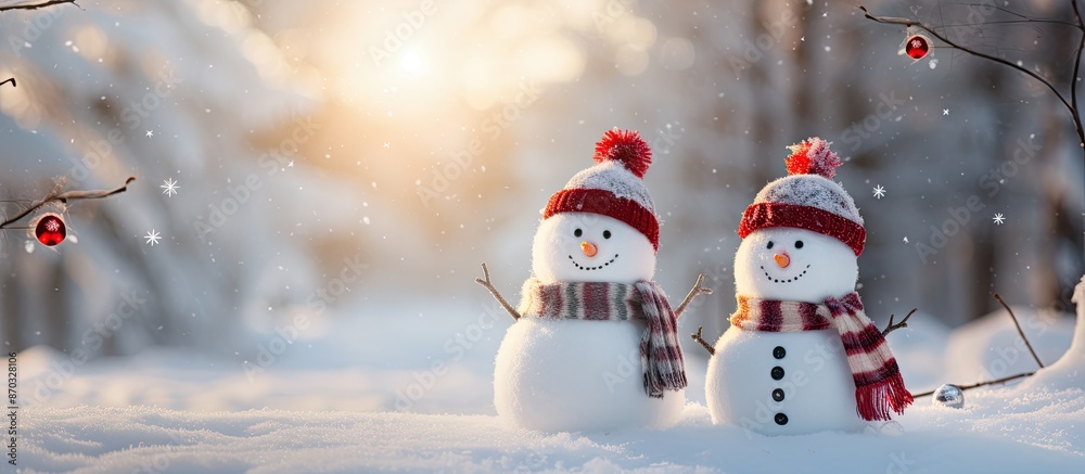 Poster holiday greeting card with two joyful snowmen in a snowy winter scene with copy space image.