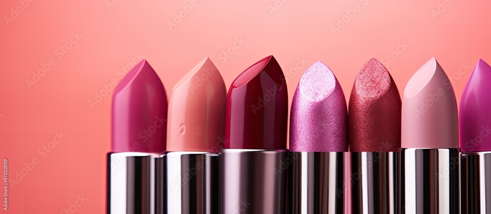 Poster close-up of various lipsticks against a pink backdrop with copy space image.
