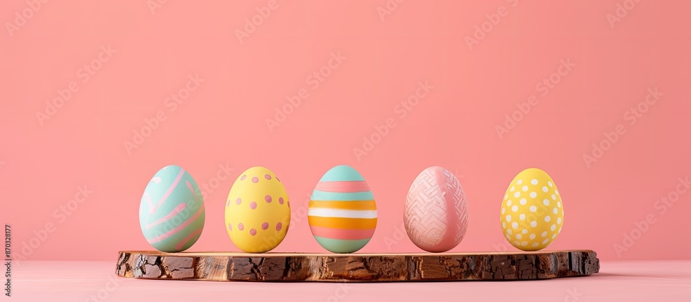 Poster colorful easter eggs arranged around a wooden stand on a pink background, creating a vibrant and fes