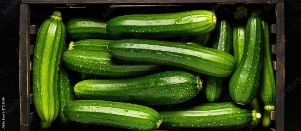 Poster top view of fresh green zucchinis arranged in a wooden box on a black background, perfect for adding