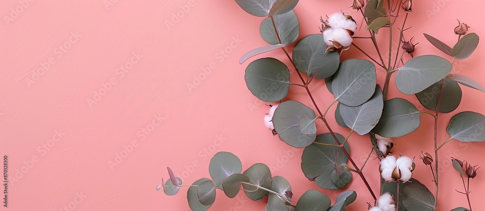 Aufkleber a flower arrangement featuring eucalyptus leaves and cotton flowers on a soft pink surface with a to