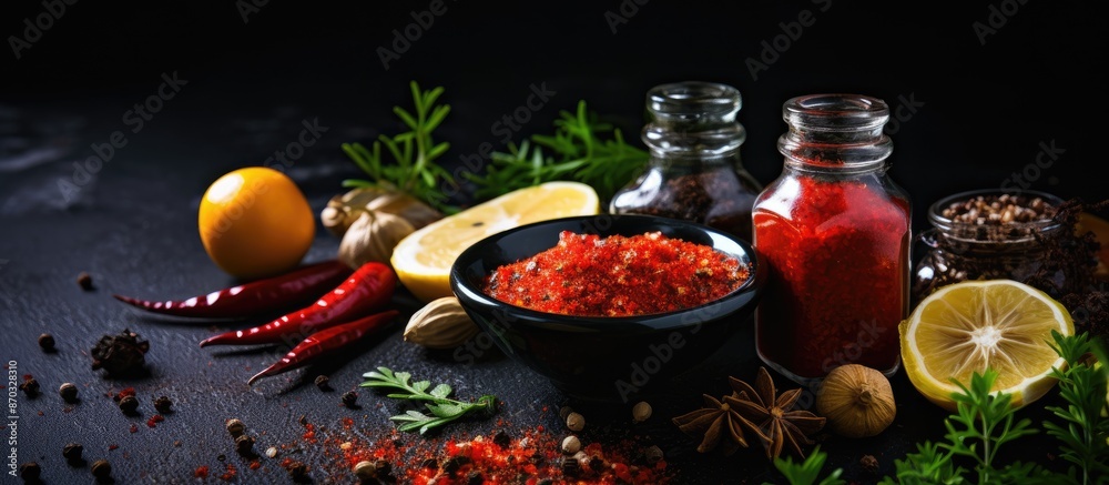 Poster dark background with homemade hot sauce and spices, suitable for a copy space image.
