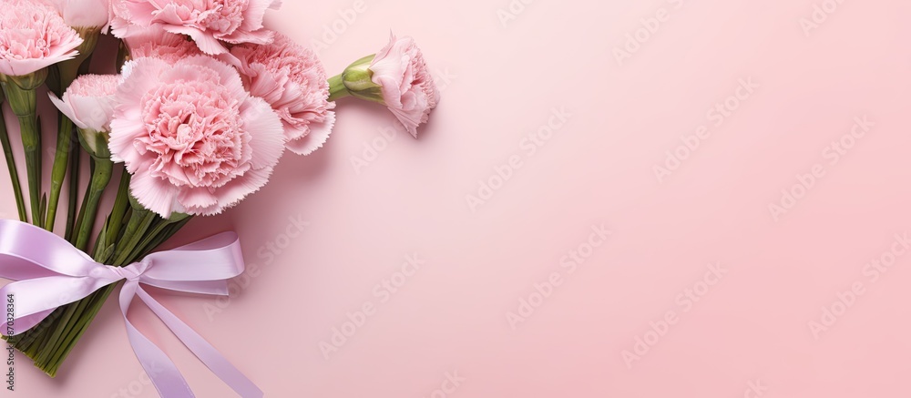 Poster top view of a bouquet of carnations and a gift box on a pink background for mother's day, weddings, 