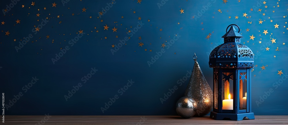 Poster a festive christmas lantern adorned on a blue wooden backdrop in a studio setting with copy space im
