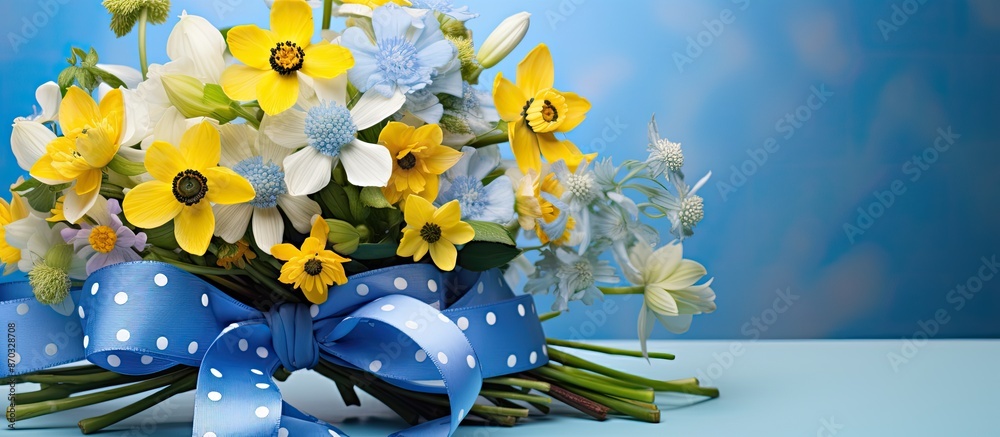 Poster spring bouquet with blue flowers like anemones and hepaticas, scillas, yellow gageas, and a ribbon w