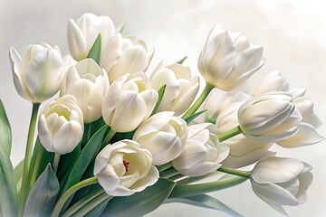 Delicate white tulips arranged in a loose bouquet on a pristine white background, showcasing subtle texture and soft, gentle petals in a serene composition.