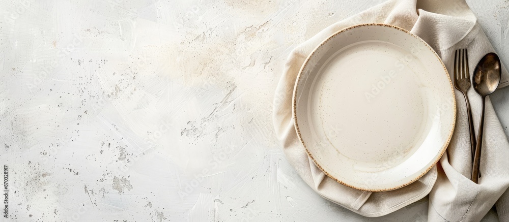 Poster white table indoors with an empty plate, napkin, and copy space image available.