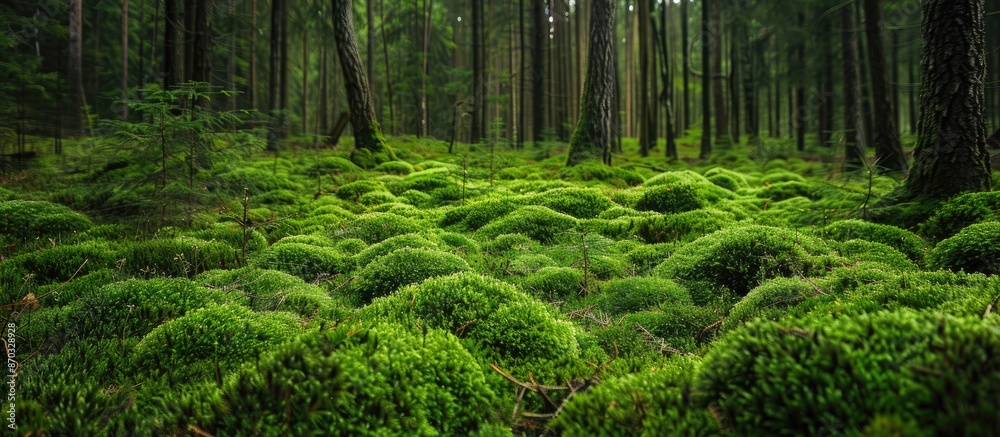 Poster european forest displaying moss-covered ground with branches, perfect for a copy space image.