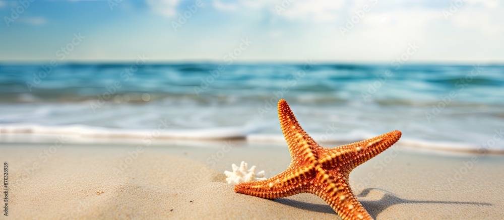 Poster starfish resting on the sandy beach with plenty of copy space image.