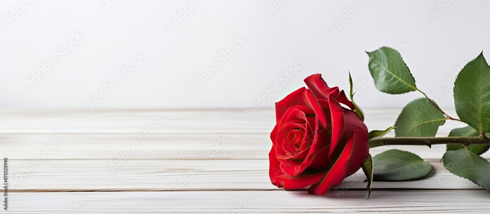 Aufkleber red rose displayed on a white wooden surface with copy space image.