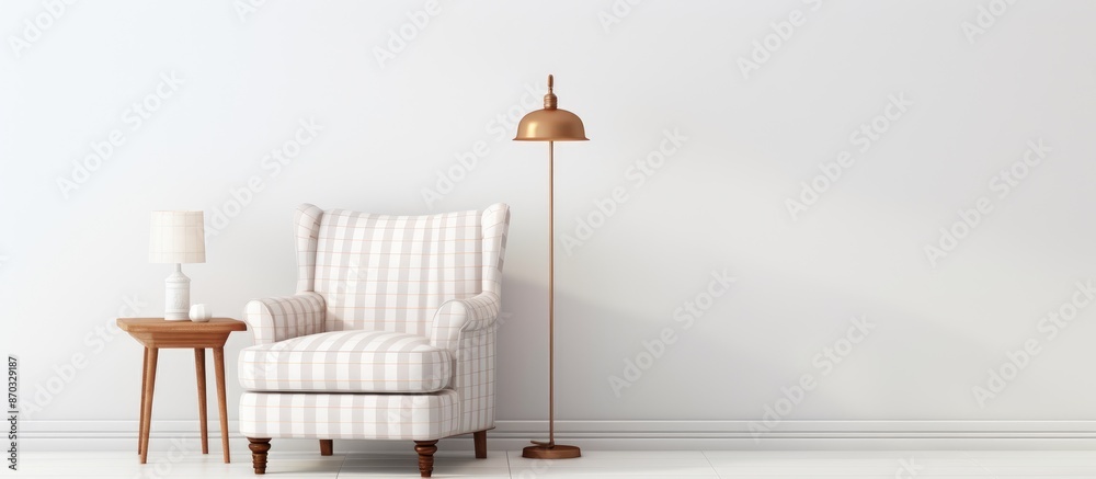 Poster elegant armchair with checkered pattern, floor lamp, ottoman next to white wall, spacious for adding