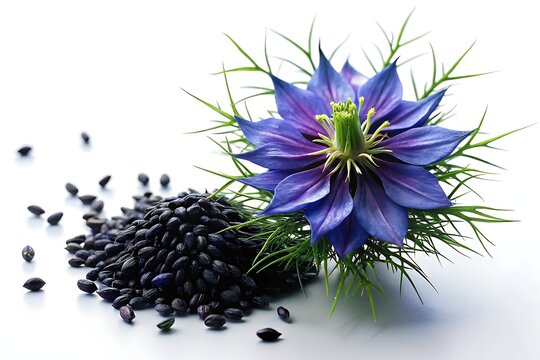 Macro shot of black cumin seeds scattered around vibrant purple Nigella sativa flower, delicate petals and green stem, on a clean white background, showcasing texture and details.