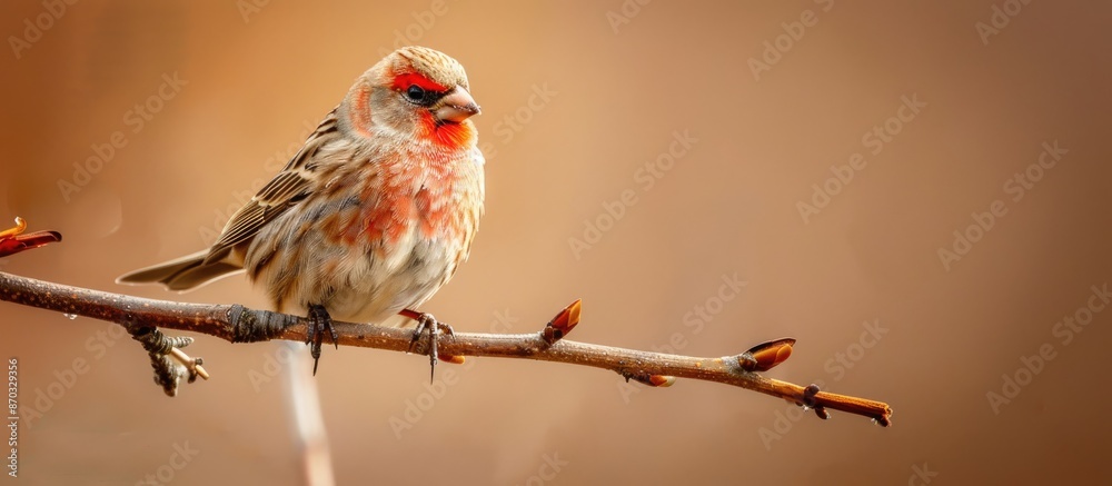 Poster a house finch perches on a branch in a portrait-style shot with a soft brown background, offering an