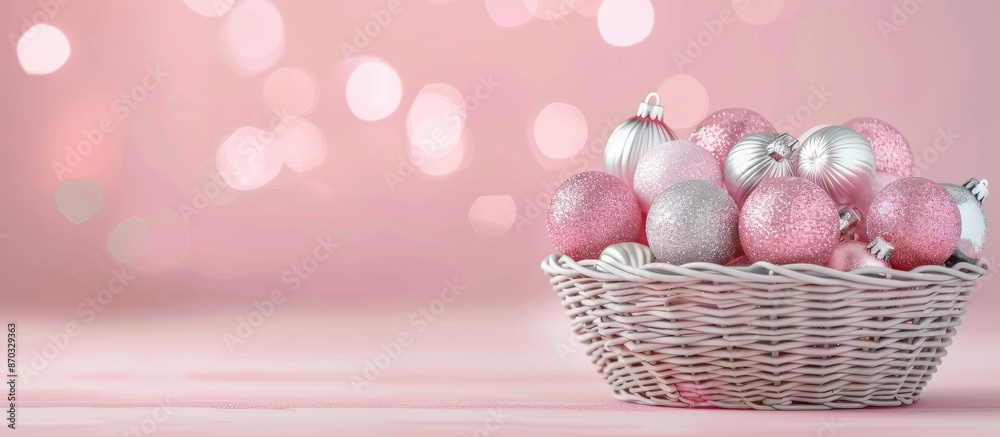 Aufkleber full basket the silver and pink balls for the christmas tree. with copy space image. place for addin