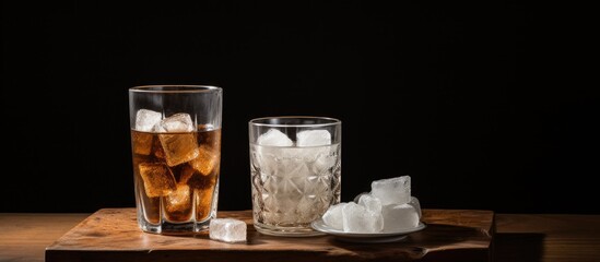 Wooden table holds highball glass with lump sugar, featuring copy space image.