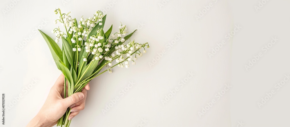 Aufkleber A hand holding a bunch of delicate lily of the valley flowers on a white background from a top view, creating a copy space image.