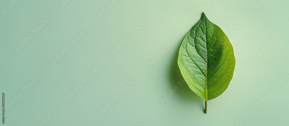 Aufkleber An isolated green leaf sits against a soft pastel background with space for text or design, perfect for a flat lay composition viewed from the top. with copy space image