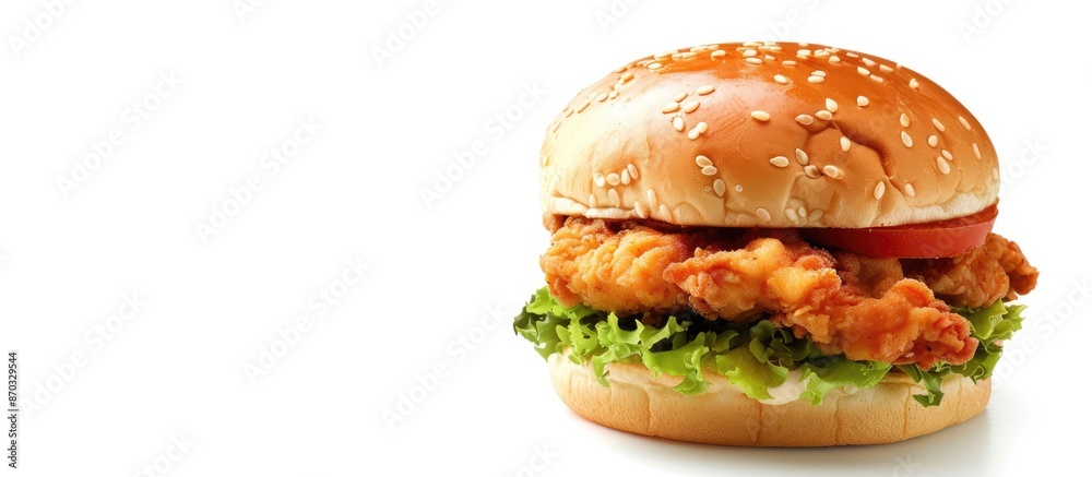 Poster Chicken burger isolated on a white background with ample copy space image.