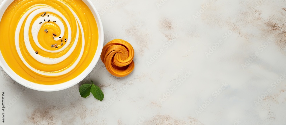 Poster creamy pumpkin soup with a silky texture, showcased on a marble background with ample copy space in 