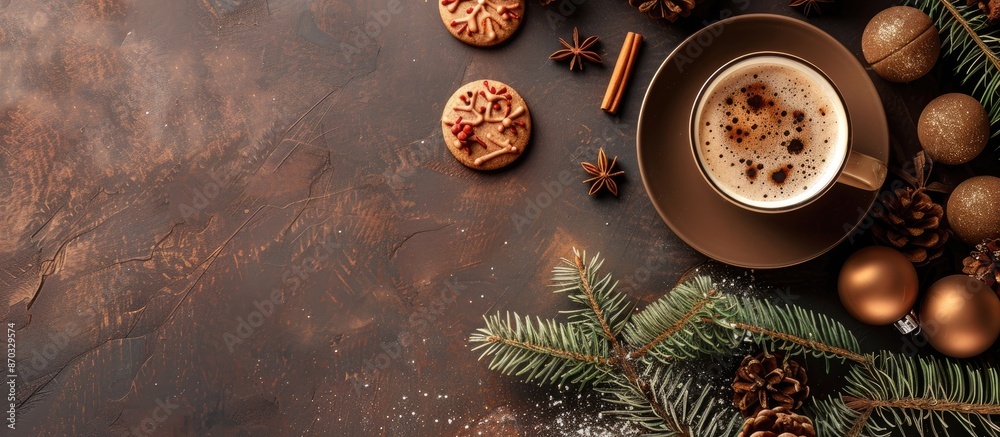 Poster fragrant hot coffee and chocolate cookies for santa claus. a drink for the holiday and a cozy christ
