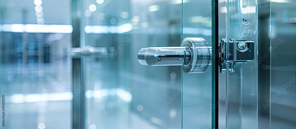 Poster the loop fastening the glass door close-up, the mechanism of the door holder made of glass. with cop