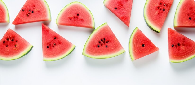 Fresh watermelon slices creatively arranged in a Scandinavian-style flat lay on a white table background, perfect for a blog or recipe book cover with copy space image.