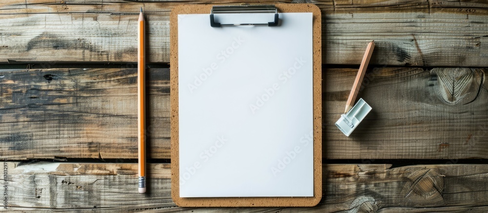 Poster responsive design template featuring a clipboard with a blank white sheet of paper, a pencil, and an