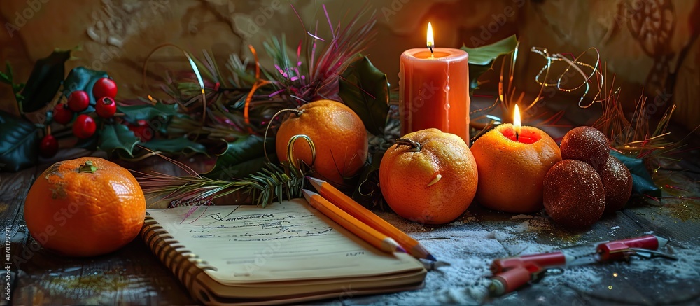 Poster christmas and new year still life. candles, tinsel, tangerines, toys and notebook with pencil. with 