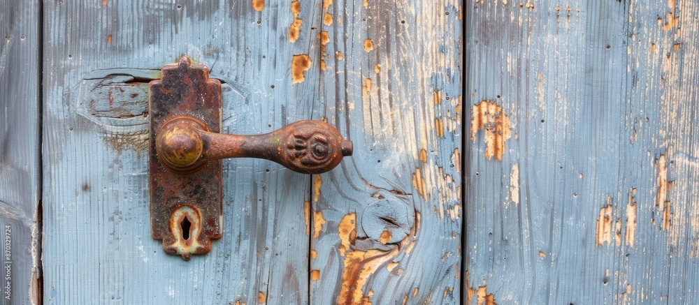 Poster metal door handle on the wooden door. with copy space image. place for adding text or design