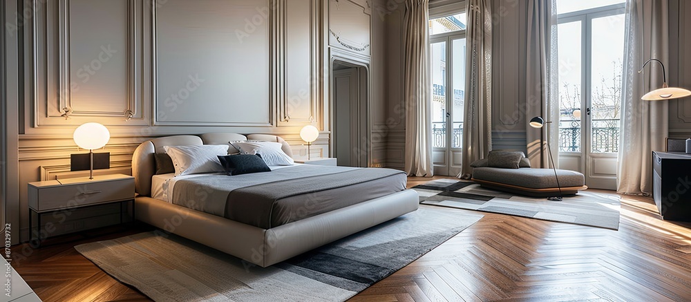 Poster Fascinating design of the bedroom with a soft bed and parquet floor. with copy space image. Place for adding text or design
