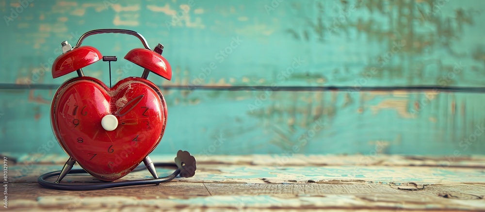Poster valentine's day-themed red alarm clock with heart shape, ideal for a copy space image.