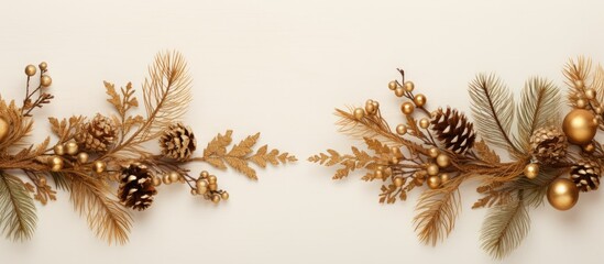 A festive Christmas arrangement with pine branches, golden decorations, and a beige background. Perfect for a greeting card or banner with top view and copy space image.