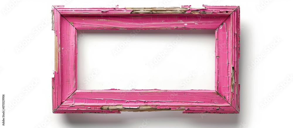 Poster a4 size empty copyspace wooden photo frame colored with pink paint, isolated over the white backgrou