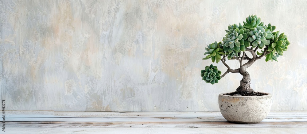 Poster a small succulent plant in a pot on a white wooden desk with a tree in a pot for home decor, set aga