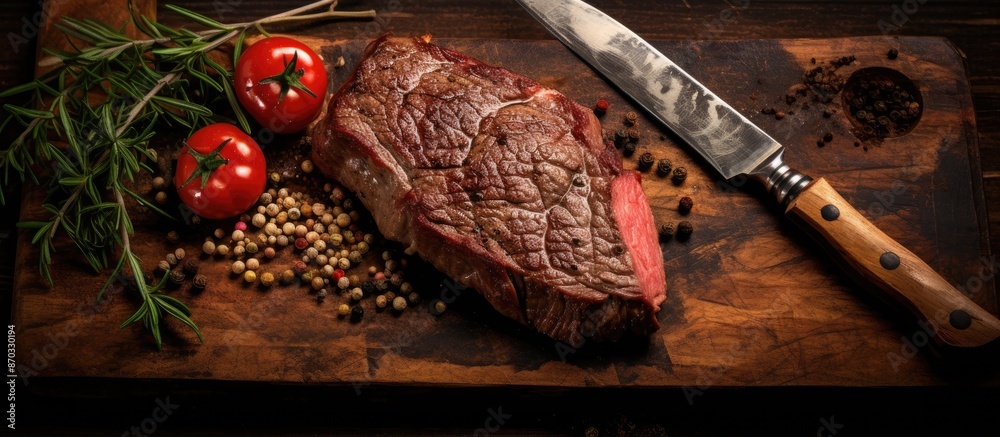 Aufkleber a rustic background showcasing a seasoned cowboy steak on a knife, with plenty of copy space for any