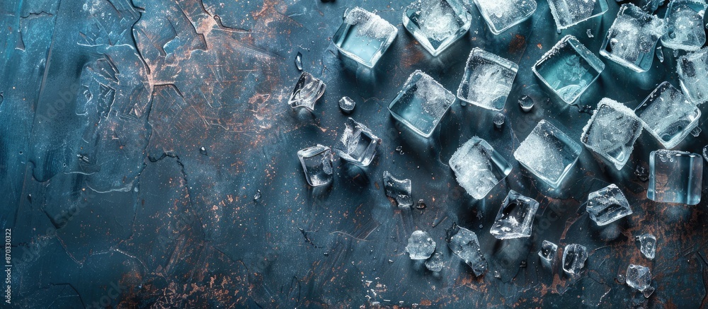 Aufkleber Top view of frozen ice cubes for cocktails on a background with copy space image.