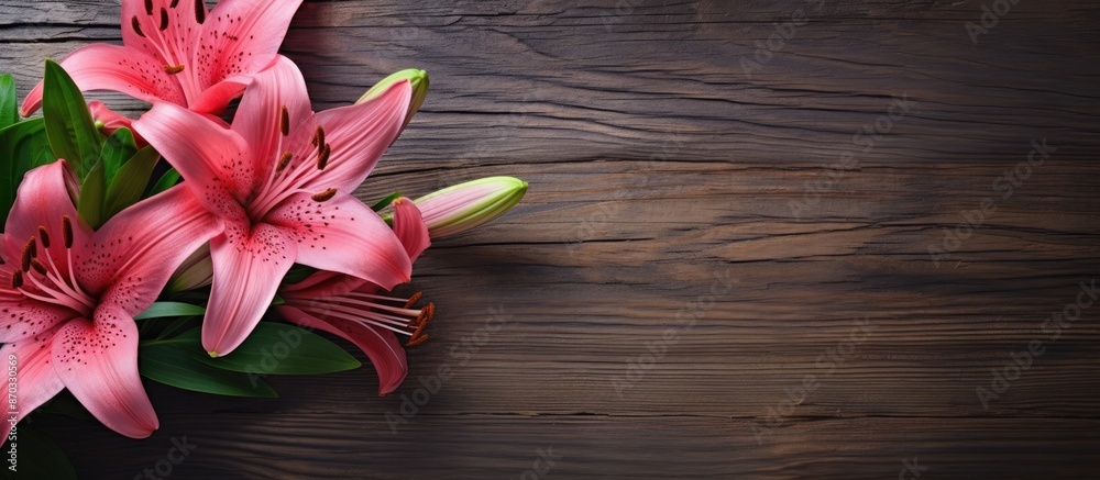 Poster a photo of a pink lily set against a rustic background, providing room for additional images or text