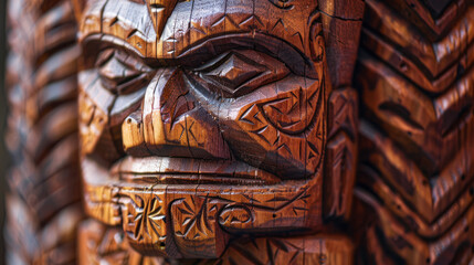 A close-up view of a carved tiki face, showcasing the intricate details and rich wood texture