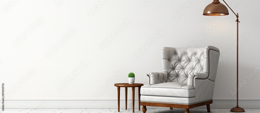 Poster Elegant armchair with checkered pattern, floor lamp, ottoman next to white wall, spacious for adding text, ideal for interior design with a copy space image.